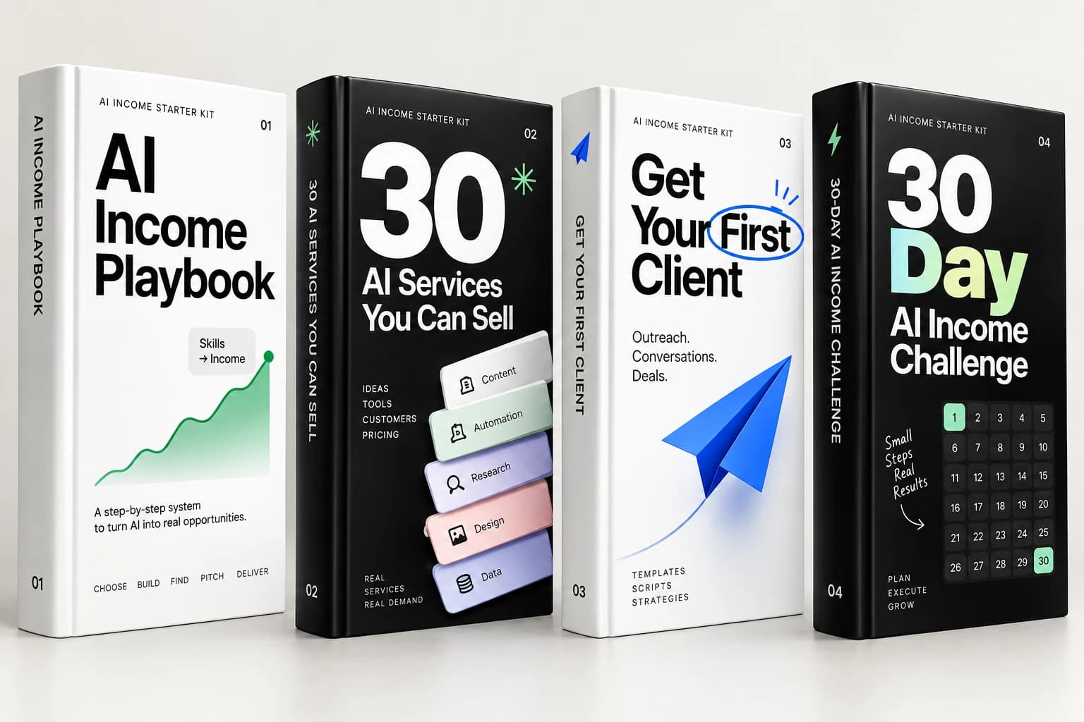 The four core books of the AI Income Starter Kit standing side by side