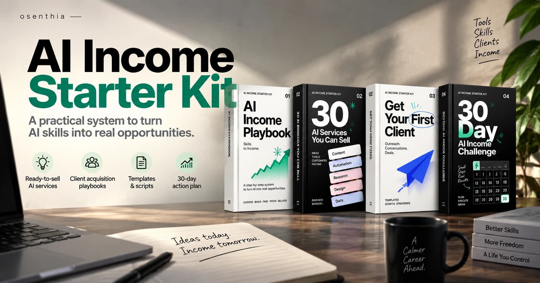 The AI Income Starter Kit books on a desk beside a notebook